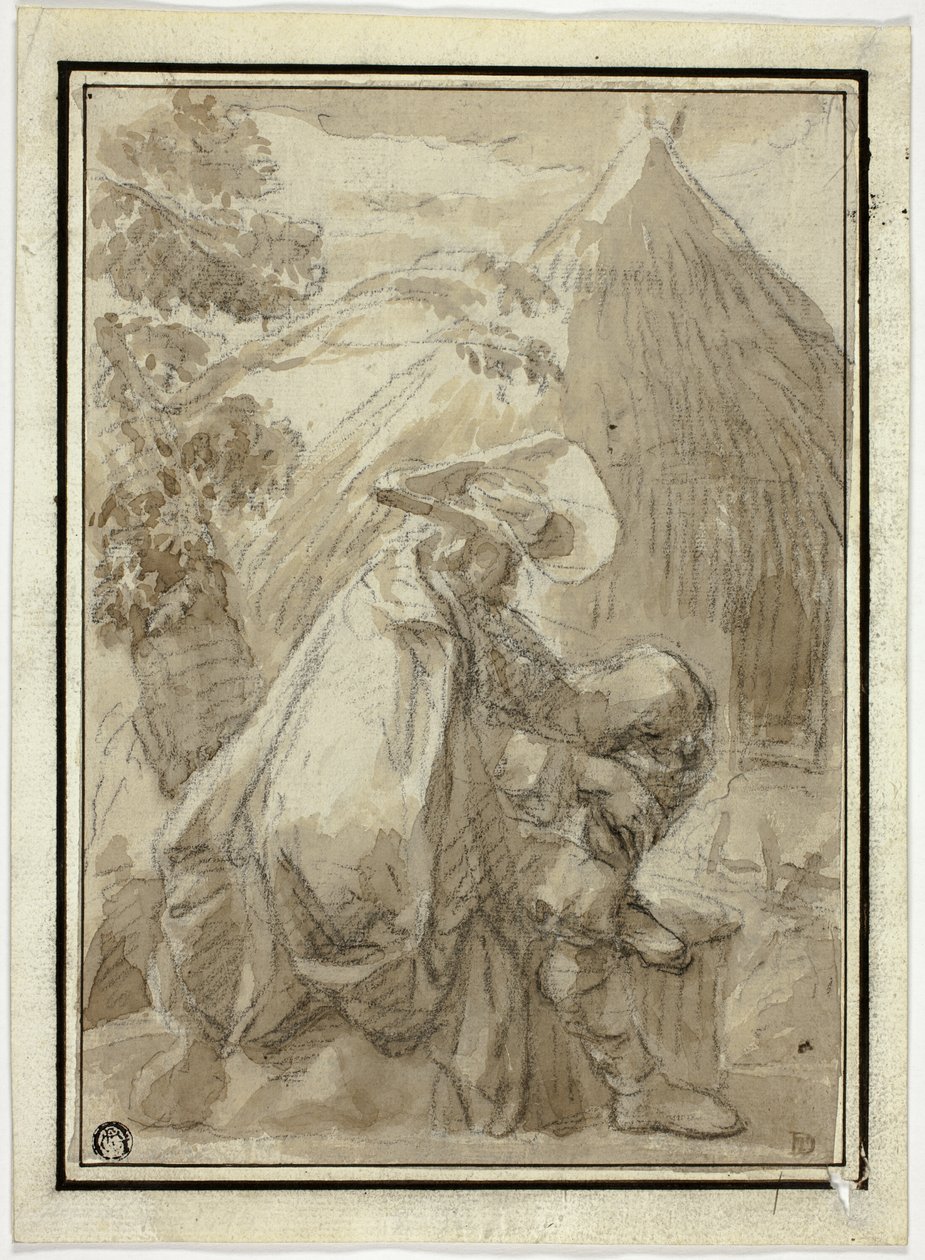 Siedzący mężczyzna w płaszczu przy krytej strzechą chacie autorstwa III Follower of Herman Saftleven