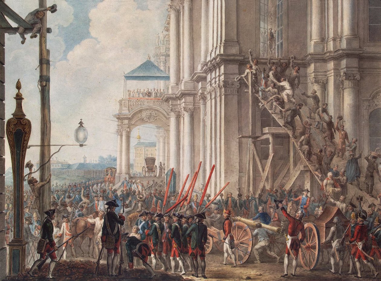Katarzyna II na balkonie Pałacu Zimowego, witana przez gwardię i lud w dniu rewolucji pałacowej, 28 czerwca 1762 r. autorstwa I.K Kaestner