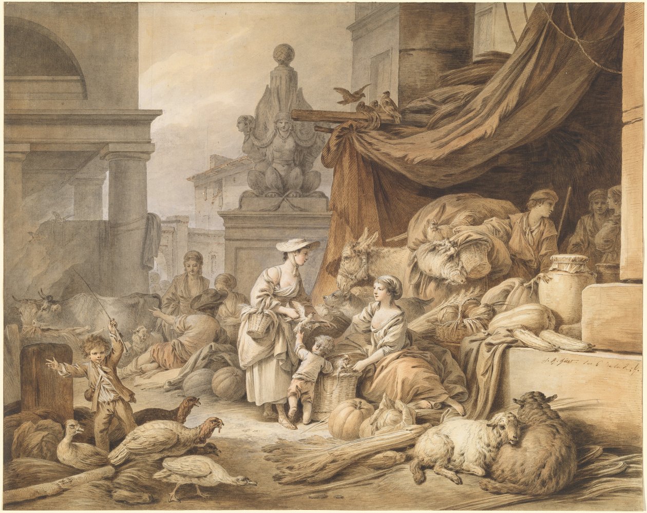 Scena targowa z fantastyczną rzeźbą autorstwa I Jean Baptiste Hüet