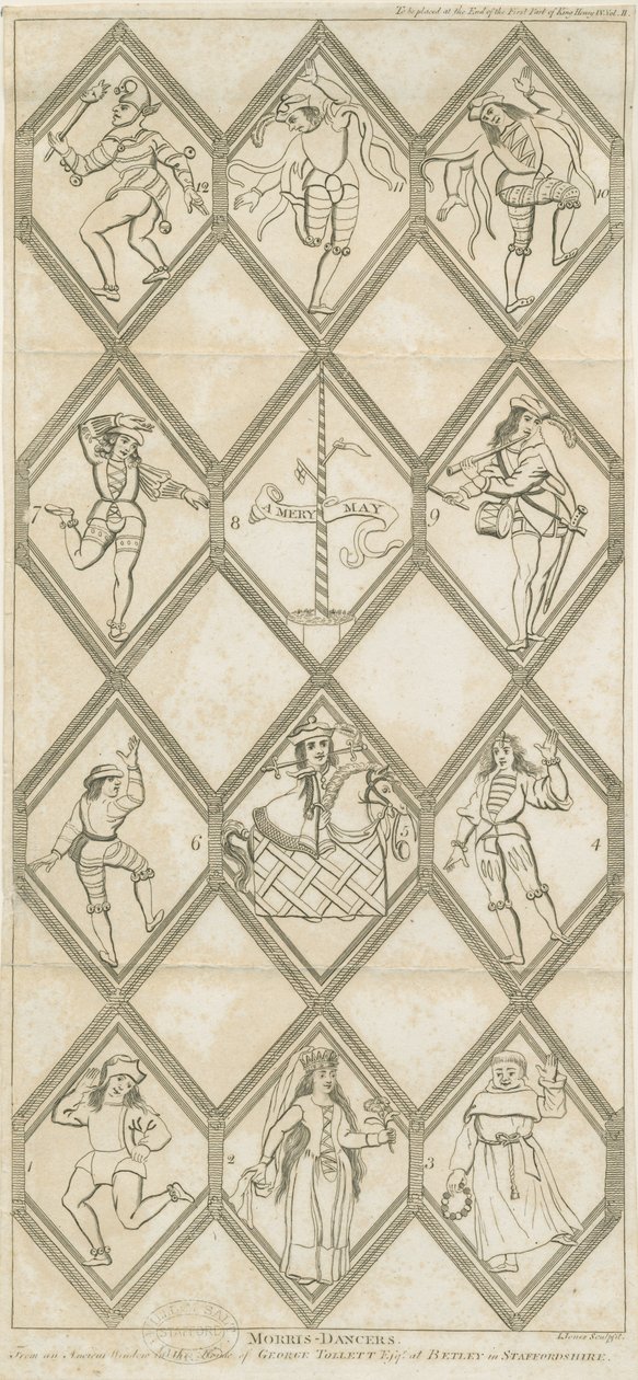 Betley Glass Window - Morris Dancers: grawerowanie i [?XVIII wiek] autorstwa I Jones