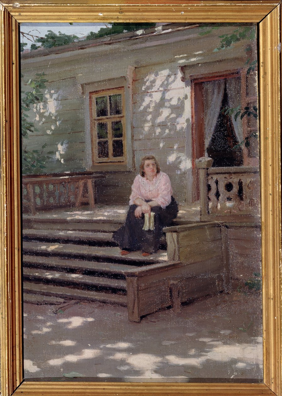Na werandzie (Na werandzie). Samotna kobieta siedząca na schodach przed domem i jakby na kogoś czekała. Obraz Jakov Jakovlevich Kalinichenko (1869-1938), olej na płótnie autorstwa Iakov Kalinichenko