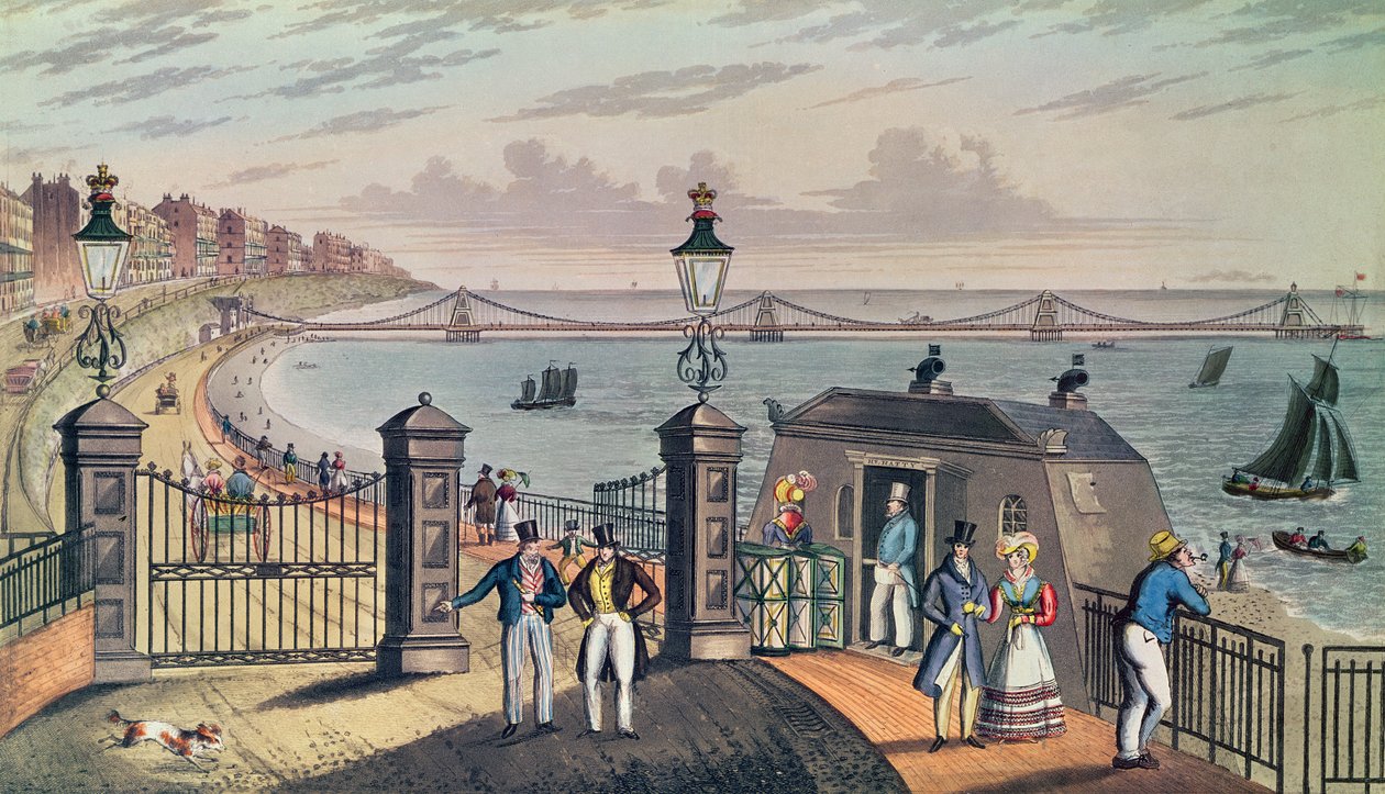 Chain Pier z przodu w Brighton, zaprojektowane i wzniesione przez kapitana S. Browna R.N. w 1823 r. sztychowany i wydany przez artystę (druk kolorowy) autorstwa Ian Bruce