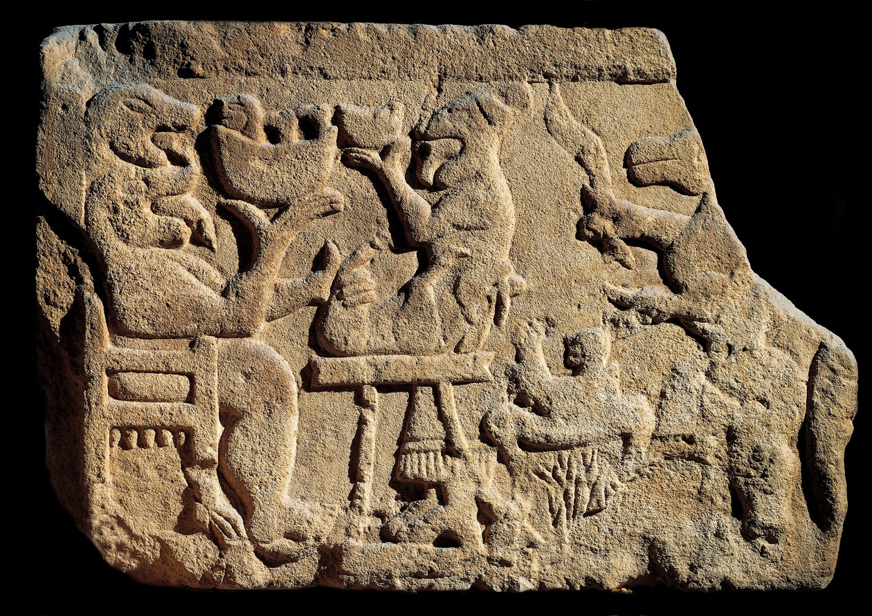 Sztuka iberyjska: płaskorzeźba przedstawiająca mitologiczną scenę bankietu, w której bóg podziemi ma dwie głowy z otwartymi ustami przed ołtarzem ofiarnym. Około 500 pne. pochodzące z grobowca Pozo Moro w Hiszpanii. Madryt, Museo Arqueologico Nacional autorstwa Iberian