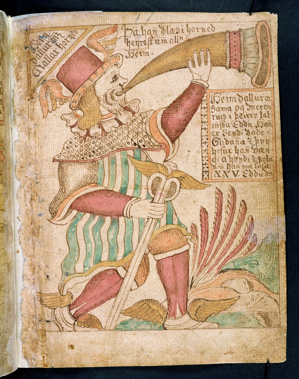 Heimdal Dmuchanie w Róg przed Ragnarokiem, z Melsteds Edda (pióro i atrament oraz toaleta na papierze) autorstwa Icelandic School
