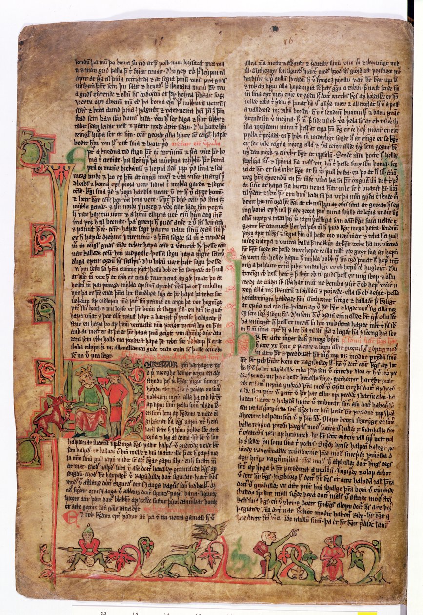 Historyczny inicjał D na początku Sagi Olafa Tryggvasona, z Flateyjarbok (Księga Flateya) pod koniec XIV wieku autorstwa Icelandic School