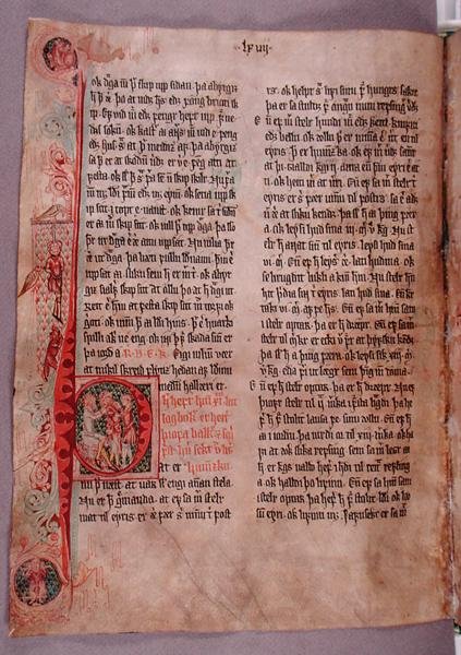 Historyczny inicjał „P” na początku rozdziału o złodziejach, od „Skarosbok” („Księga Skarda”) ok. 1350 (welum) autorstwa Icelandic School