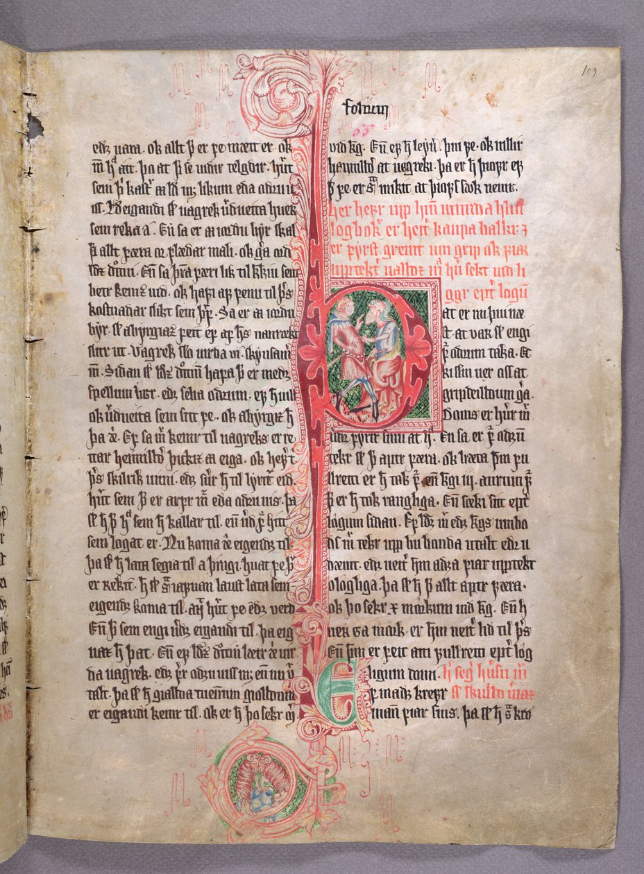 Historyczny inicjał P przedstawiający dwóch kupców, od początku działu poświęconego handlowi, ze Skarosboka (Księga skardzka) ok. 1350 r. autorstwa Icelandic School