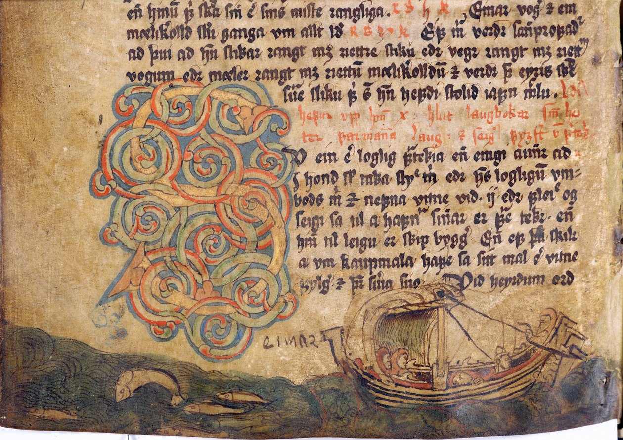 Historyczny inicjał S, z kopii oryginalnej XIII-wiecznej kolekcji prawa Jonsbok autorstwa Icelandic School