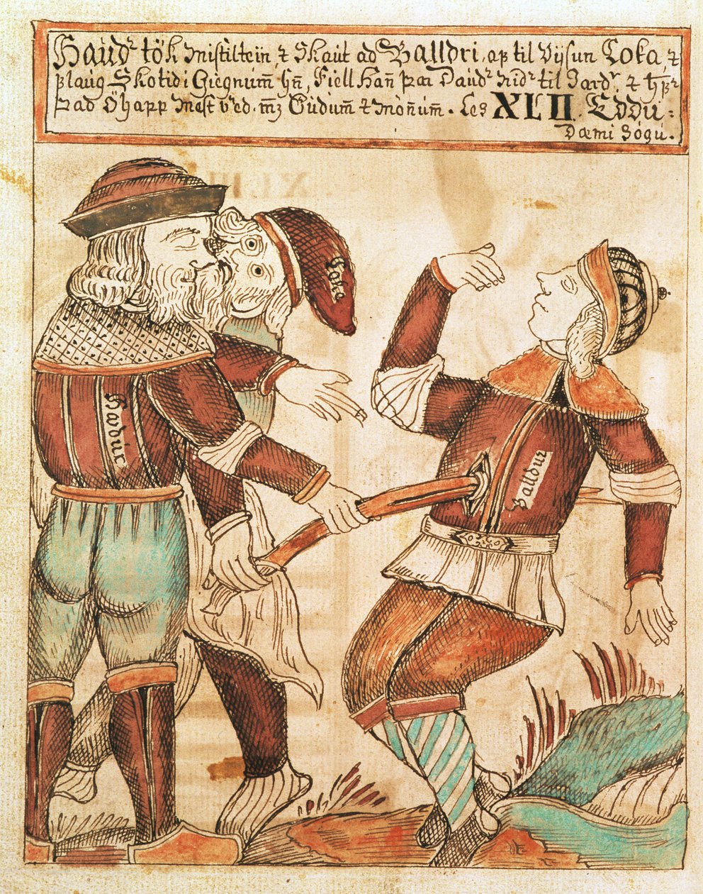 Ny Kgl Saml 1867.4, s.95v The Killing of Balder (caneta e tinta e aquarela sobre papel) (ver também 169947)polonês autorstwa Icelandic School