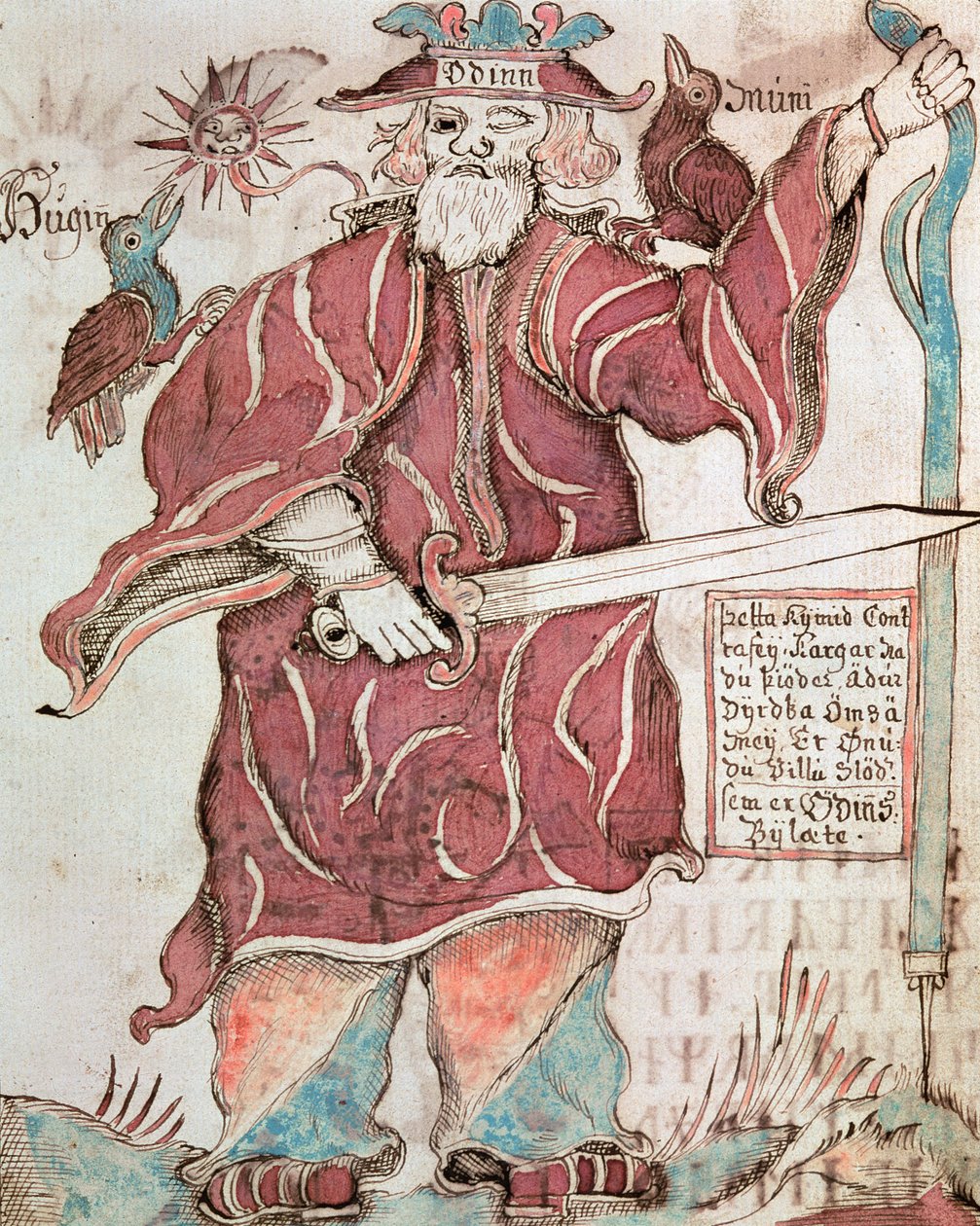 Odyn ze swoimi dwoma wronami, Huginem (myśl) i Muninem (pamięć) autorstwa Icelandic School