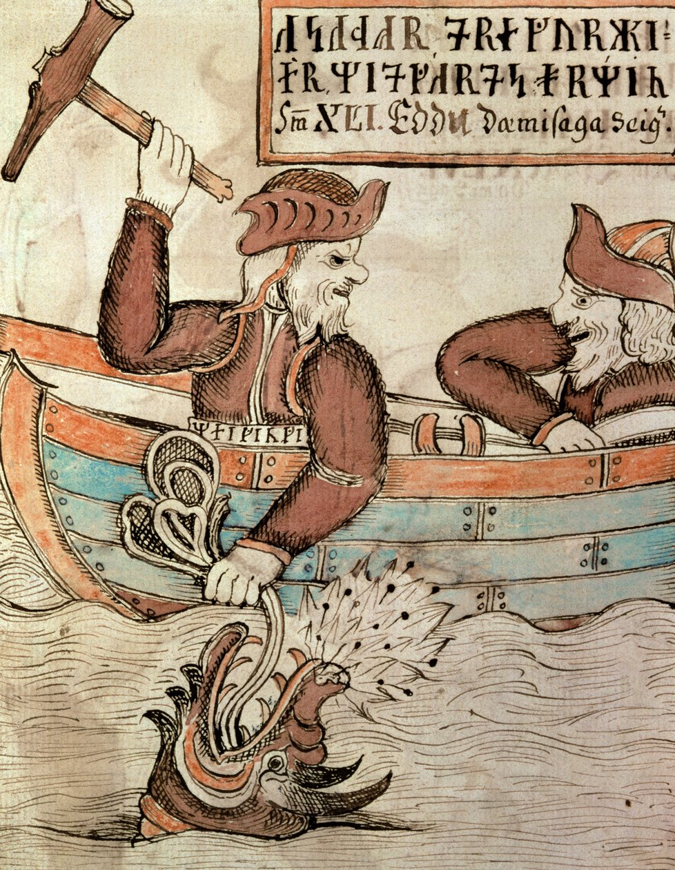 Thor łowiący węża Midgardu z łodzi giganta Hymira autorstwa Icelandic School