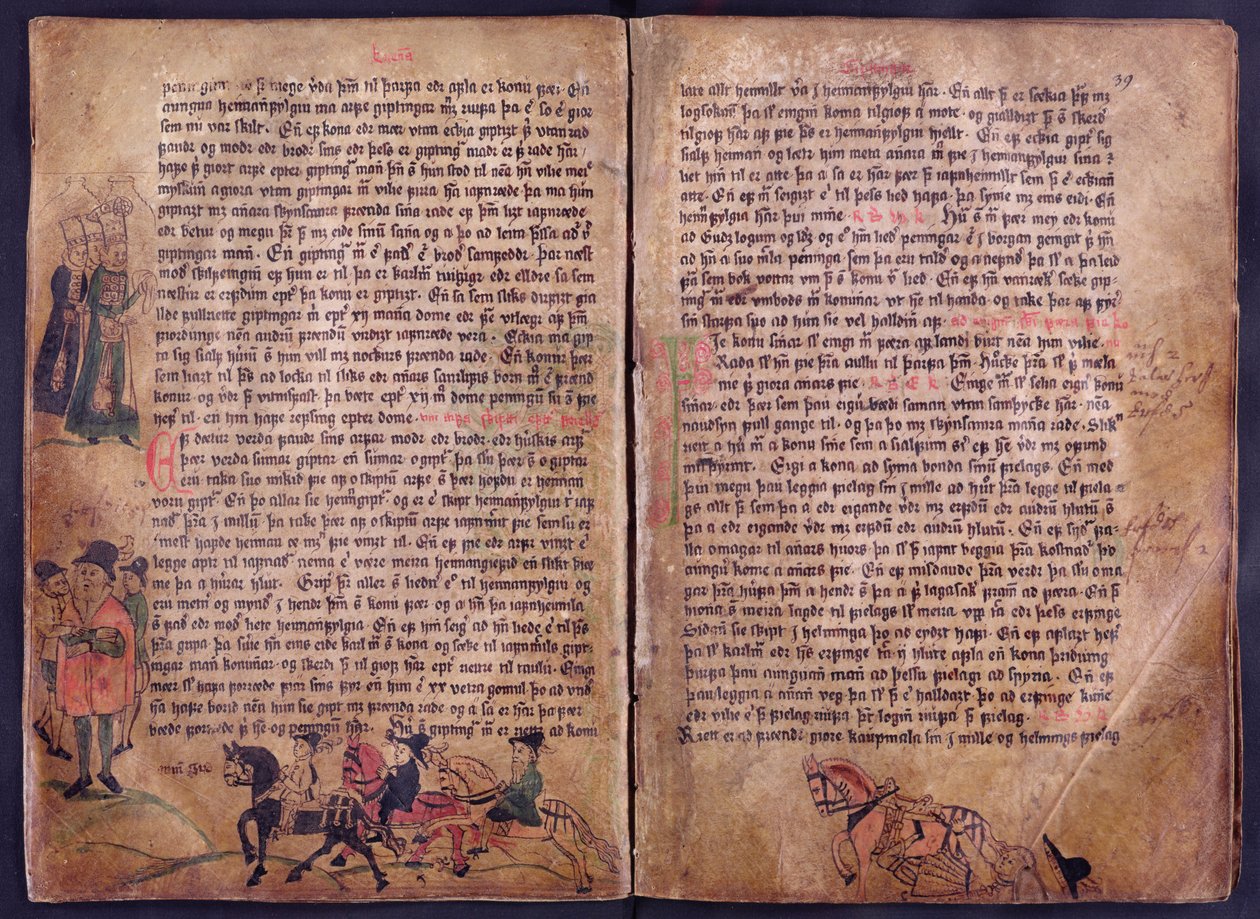 Dwie ilustrowane strony z kopii oryginalnej XIII-wiecznej kolekcji prawa Jonsbok autorstwa Icelandic School