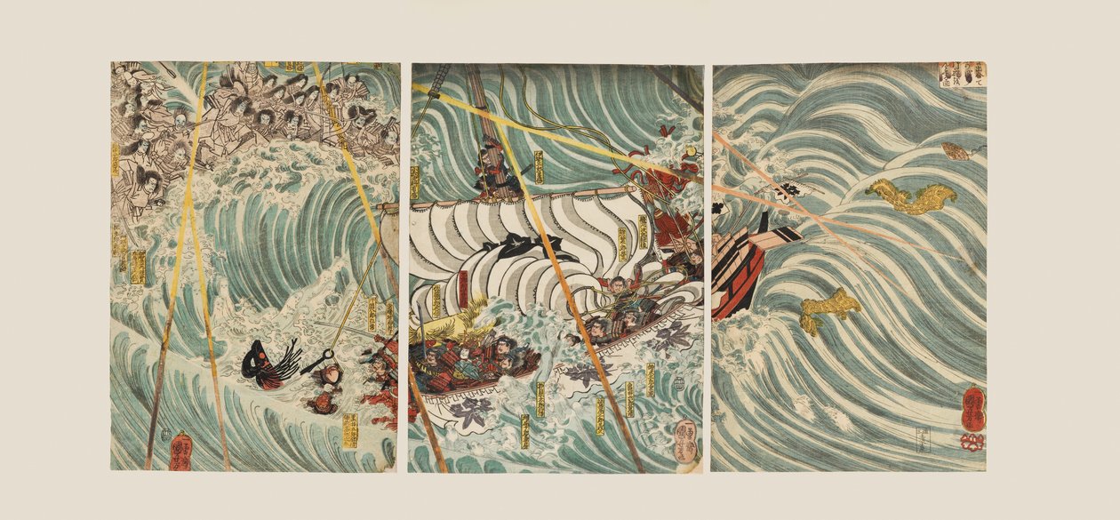 Duchy Taira atakują statek Yoshitsune autorstwa Ichiyusai Kuniyoshi