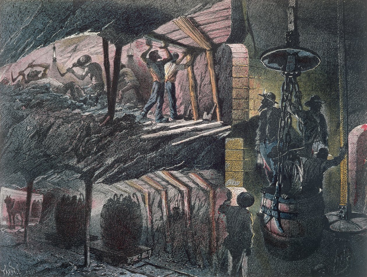 Przekrój kopalni węgla, rytowany przez Julesa Ferata (ur. 1819) 1889 autorstwa Ignace Francois Bonhomme