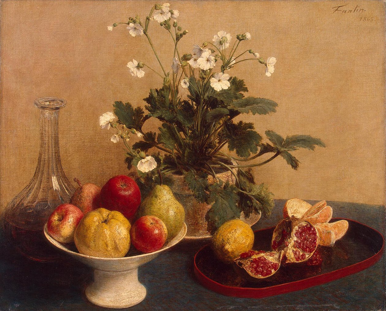 Kwiaty, naczynie z owocami i karafką, 1865 autorstwa Ignace Henri Jean Fantin Latour