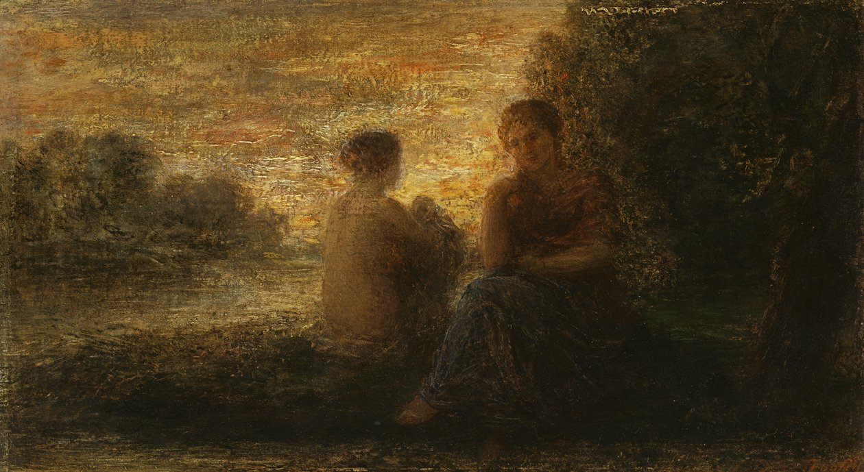 Dwie kobiety siedzące nad jeziorem (olej na płótnie) autorstwa Ignace Henri Jean Fantin Latour