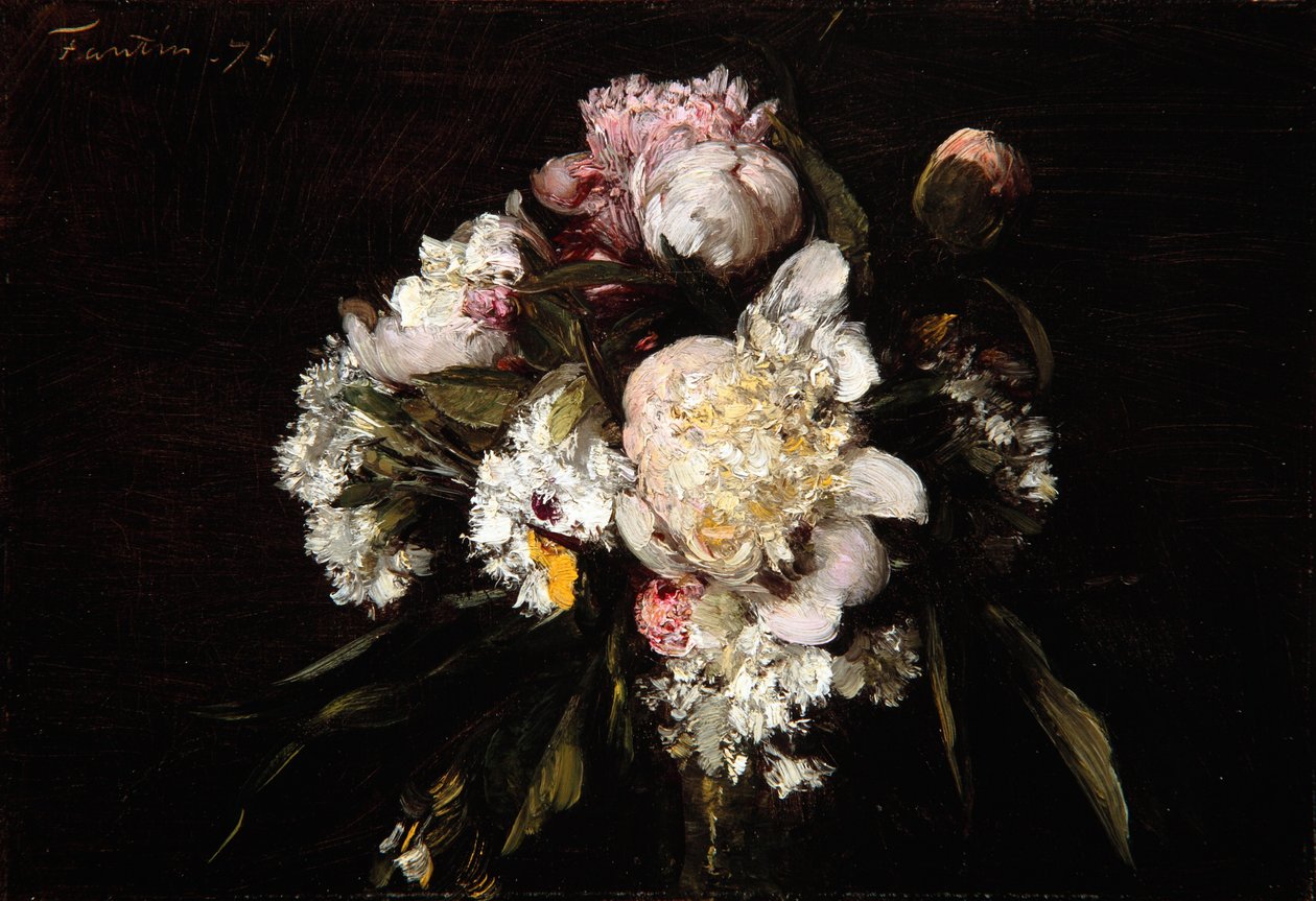 Piwonie, białe goździki i róże, 1874 autorstwa Ignace Henri Jean Fantin Latour