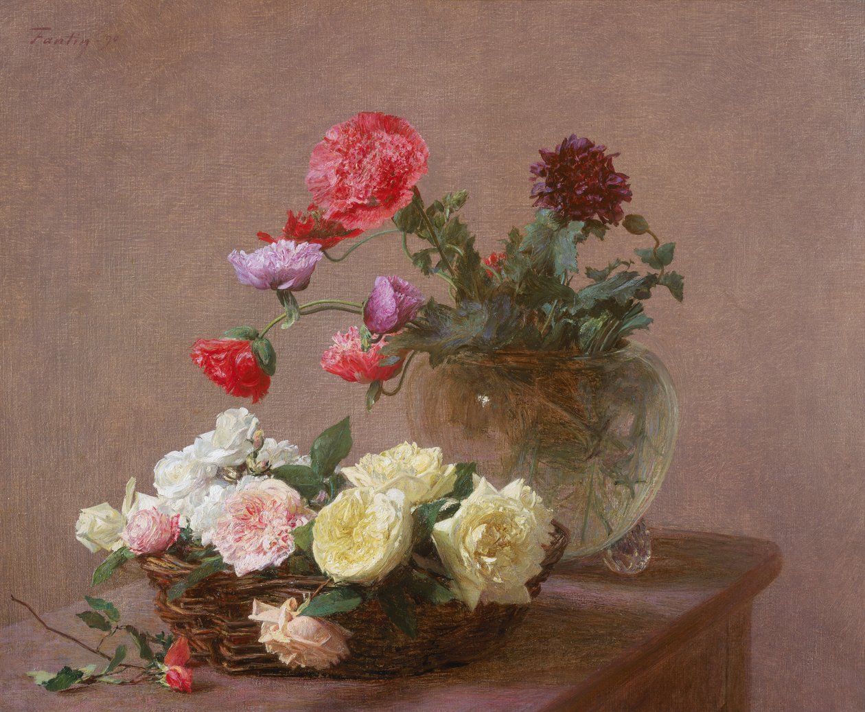 Maki w kryształowym wazonie lub koszu z różami, 1890 autorstwa Ignace Henri Jean Fantin Latour