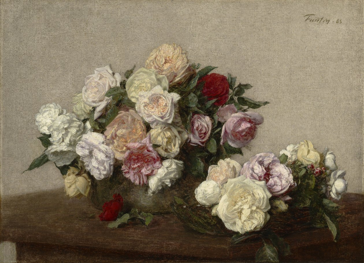 Róże w misce i półmisku, 1885 autorstwa Ignace Henri Jean Fantin Latour