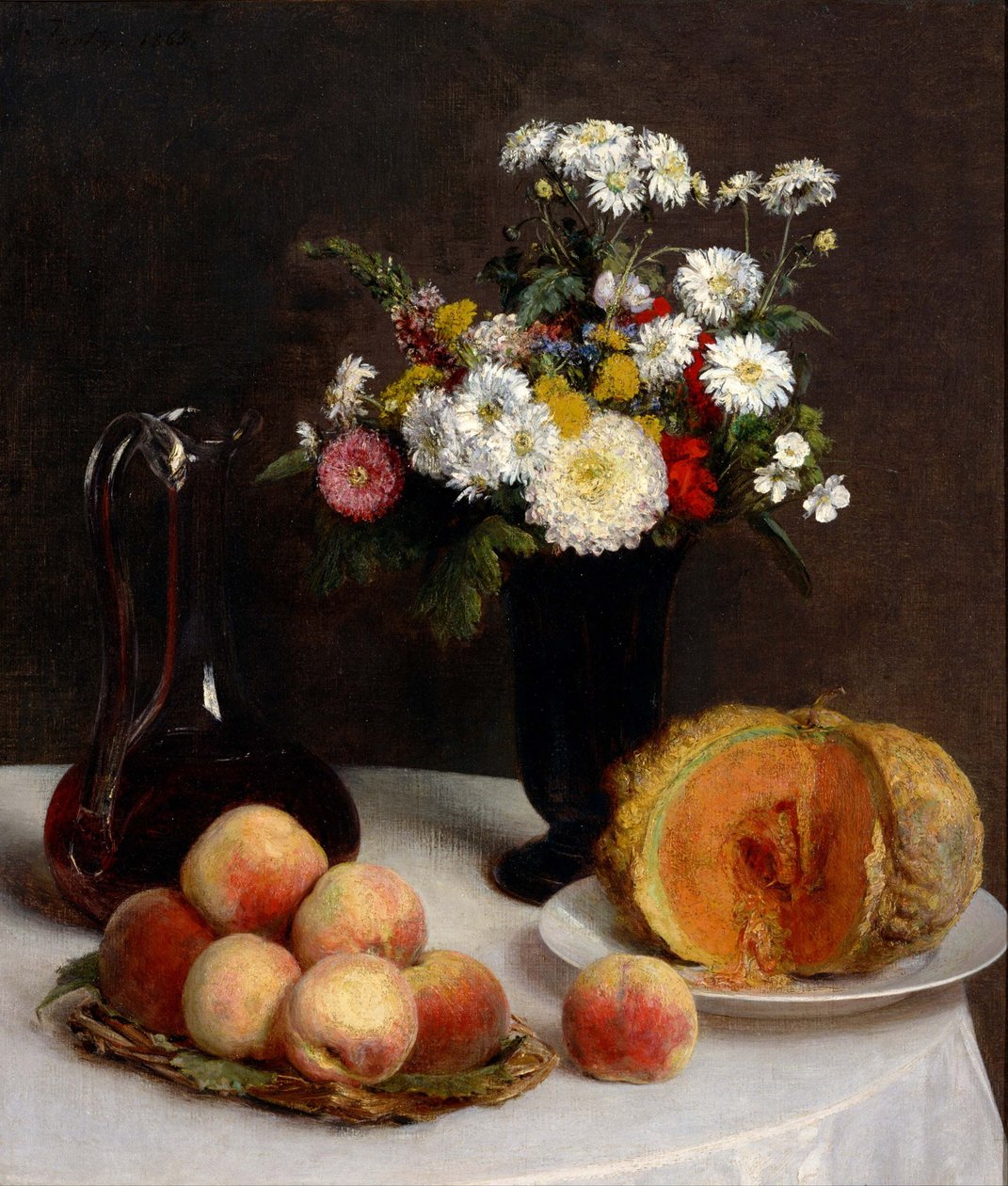Martwa natura z karafką, kwiatami i owocami, 1865 autorstwa Ignace Henri Jean Fantin Latour
