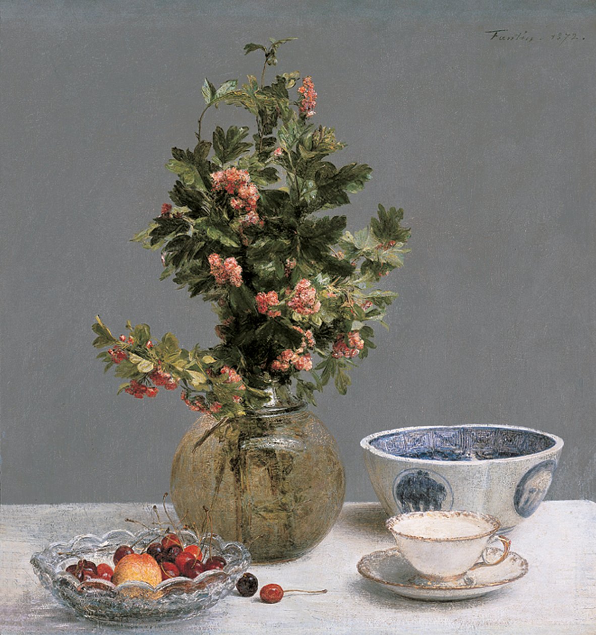 Martwa natura z wazą głogu, miską wiśni, miską japońską oraz filiżanką i spodkiem autorstwa Ignace Henri Jean Fantin Latour