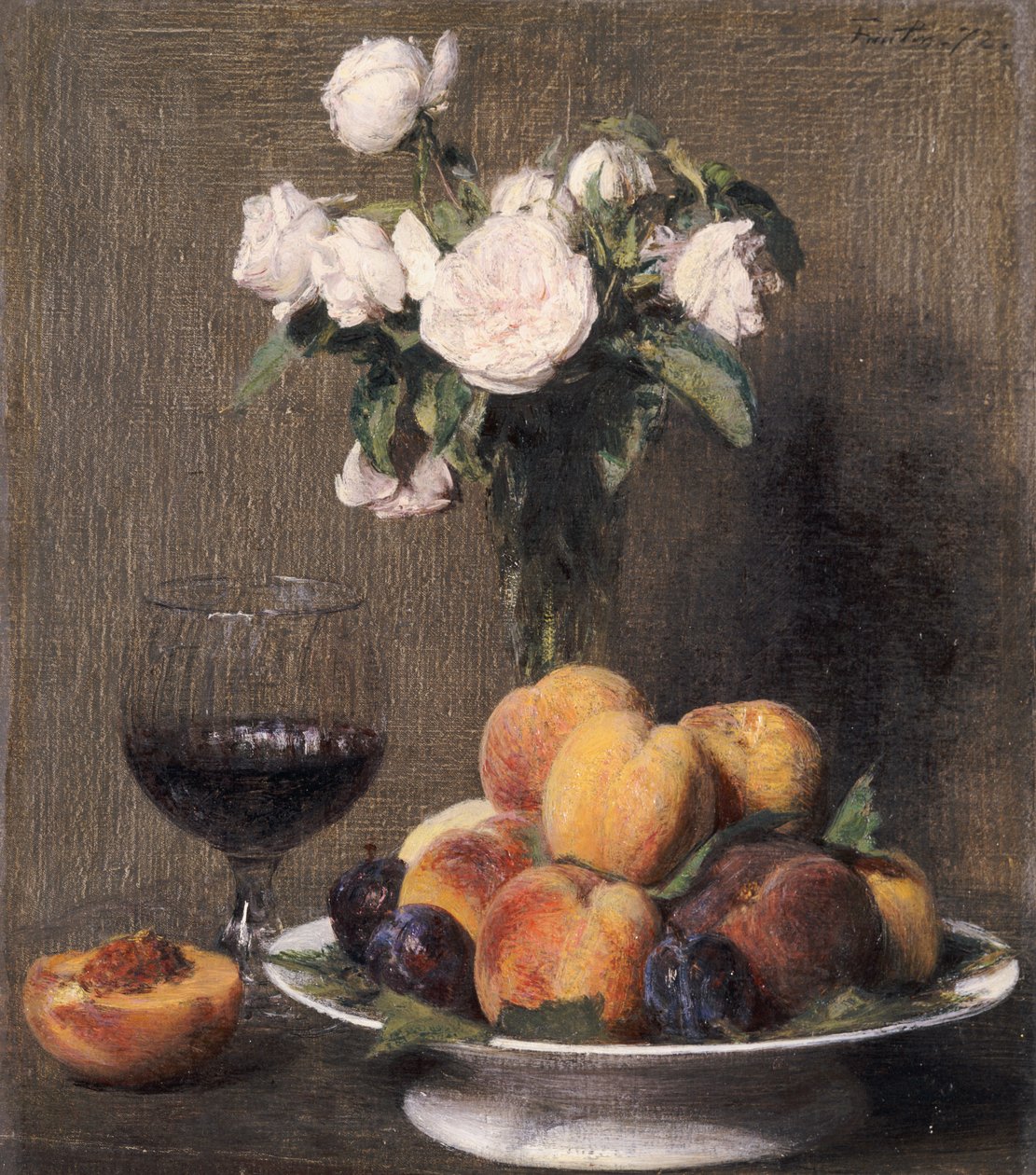 Martwa natura z różami, owocami i lampką wina, 1872 autorstwa Ignace Henri Jean Fantin Latour
