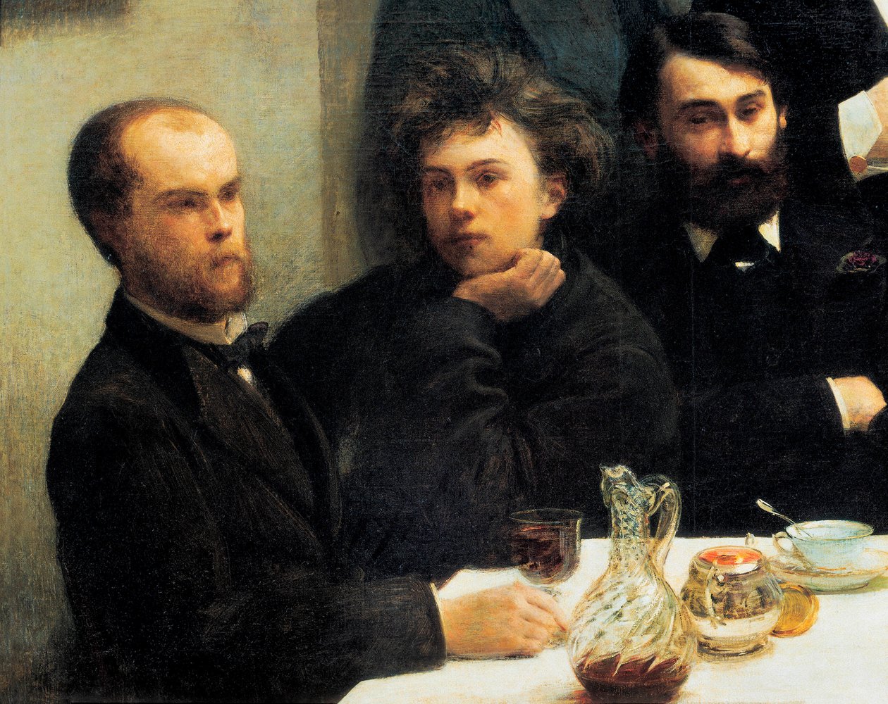 Narożnik stołu: od lewej do prawej: Paul Verlaine, Arthur Rimbaud, Elzear Bonnier. (Malarstwo, XIX w.) autorstwa Ignace Henri Jean Fantin Latour