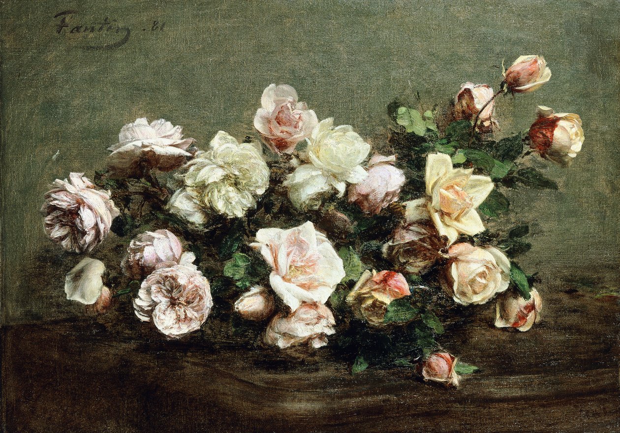 Wazon białych róż na stole; Wazon białych i różowych róż na stole, autorstwa Ignace Henri Jean Fantin Latour