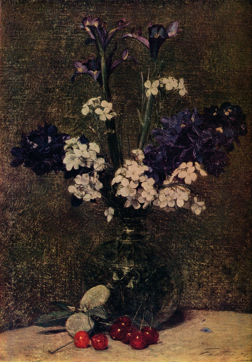 Wazon z kwiatami, na stole Wiśnie i Migdały, Natura Morte, Irysy, Hybrydy Delphinium a autorstwa Ignace Henri Jean Fantin Latour