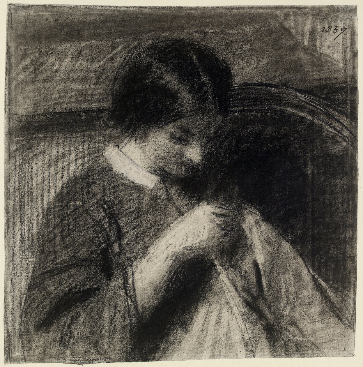 Szycie Kobieta (węgiel z wytłoczeniami i wymazami, dotknięty białą kredą na białym papierze) autorstwa Ignace Henri Jean Fantin Latour