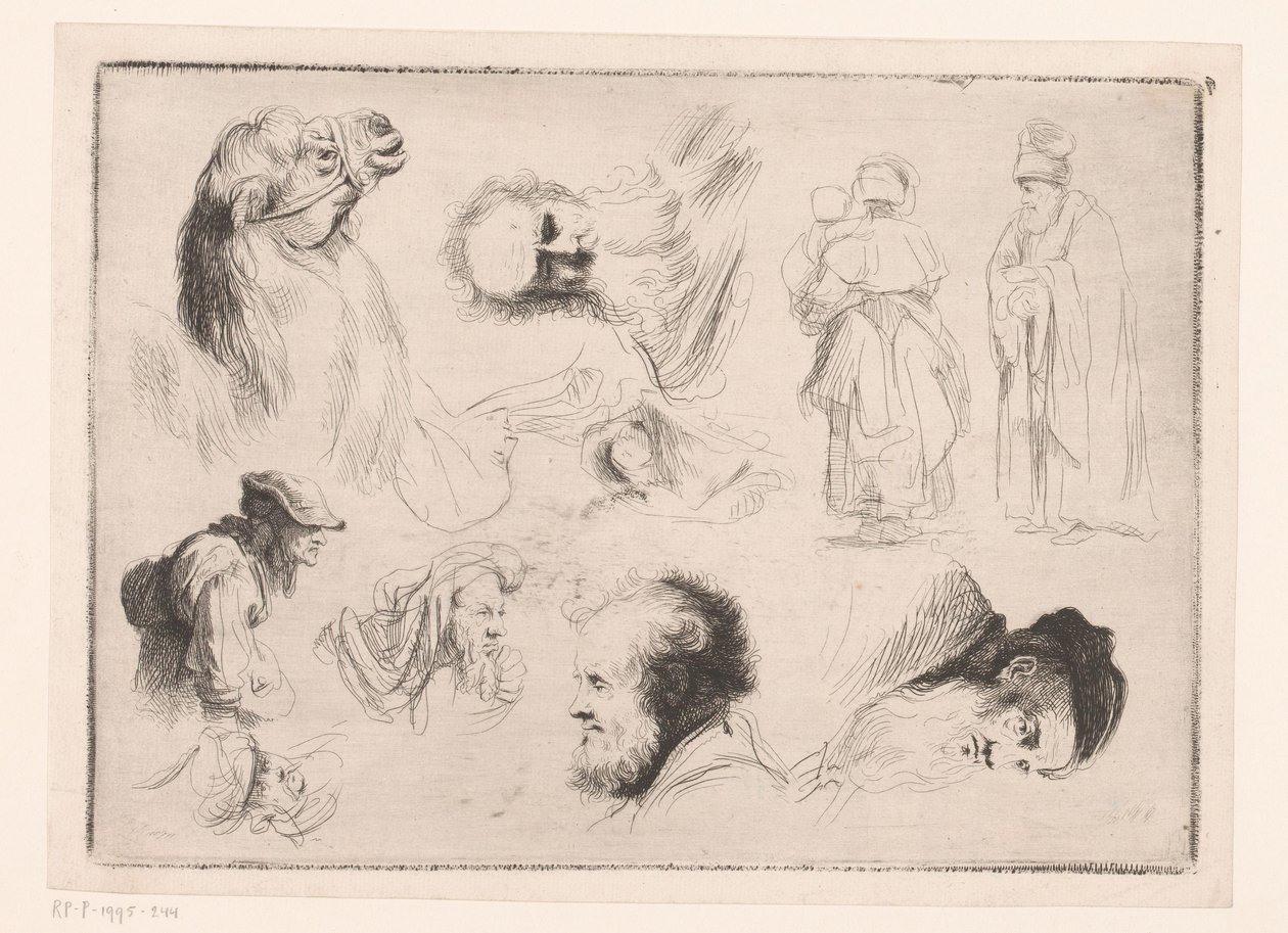 Kompozycja z głowami różnych mężczyzn i wielbłądem oraz dwiema postaciami stojącymi autorstwa Ignace Joseph de Claussin (attributed to)