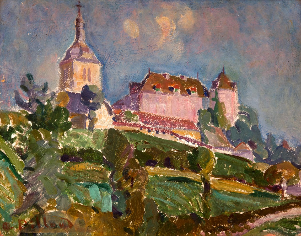 Widok na zamek i kościół Gruyères, ok. 1925-30 (olej na tekturze) autorstwa Ignace Nazaire Oswald Pilloud
