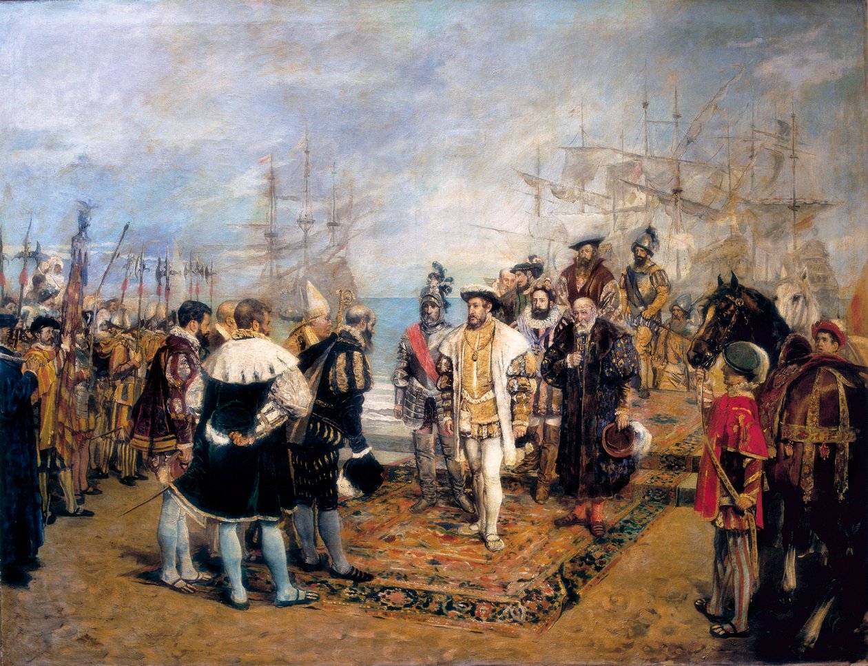 Lądowanie Francois I (1494-1547) w porcie w Walencji (Hiszpania). Luis Villarrasa de Cavanilles (?), gubernator miasta, wita króla Francji. Obraz Ignacio Pinazo Camarlench (1849-1916), olej na płótnie autorstwa Ignacio Pinazo Camarlech