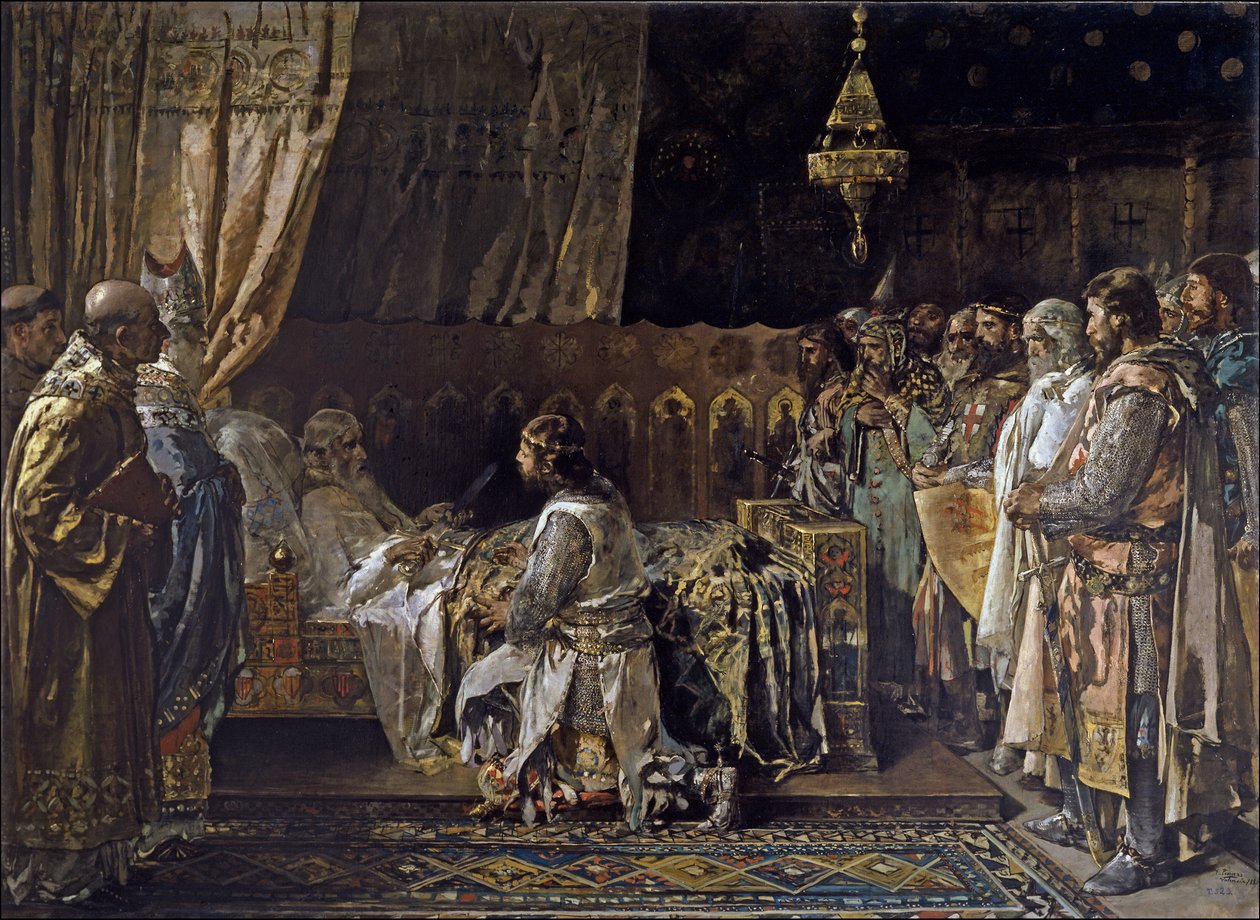 Król Jakub I Zdobywca daje swój miecz swojemu synowi, Pedro, 1881 autorstwa Ignacio Pinazo Camarlench