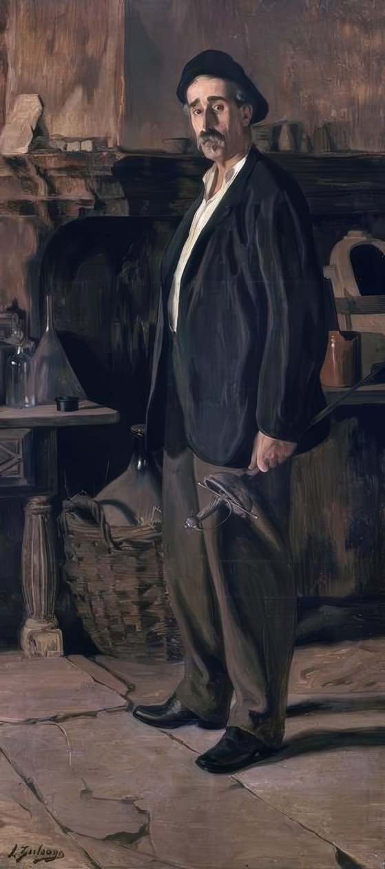 Don Plácido Zuloaga w swoim warsztacie”, 1895, olej na płótnie, 219 × 100 cm, AS00783 autorstwa Ignacio Zuloaga