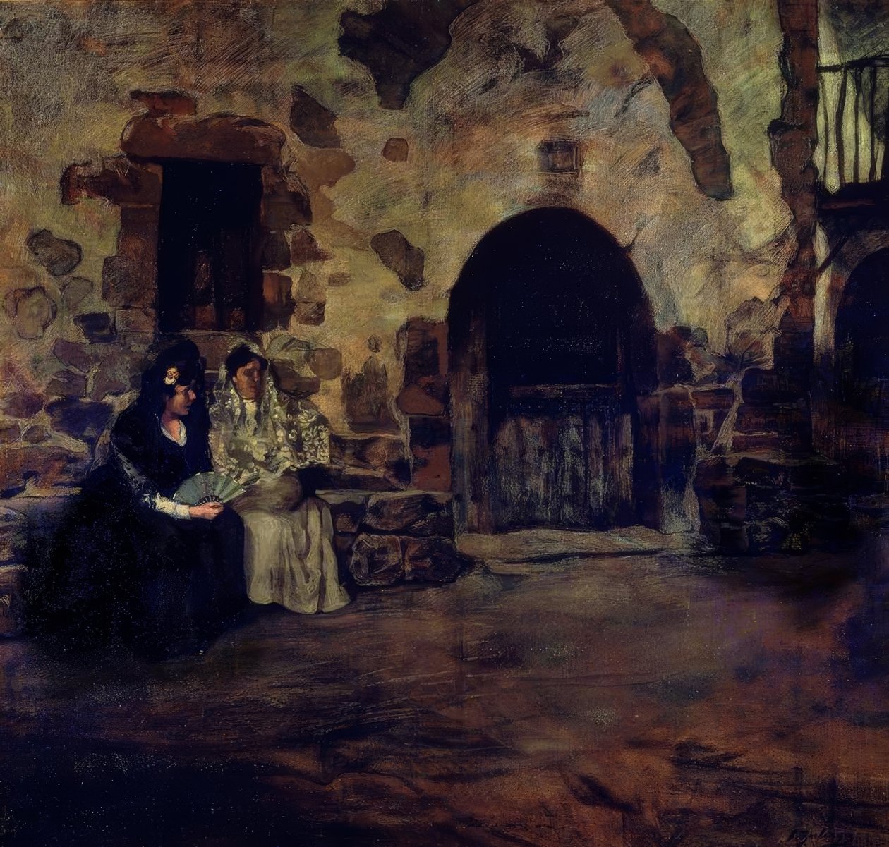 (DWIE KOBIETY Z MANTILLĄ I WENTYLATOREM PRZY DRZWIACH CASERIO) - XX WIEK autorstwa Ignacio Zuloaga y Zabaleta