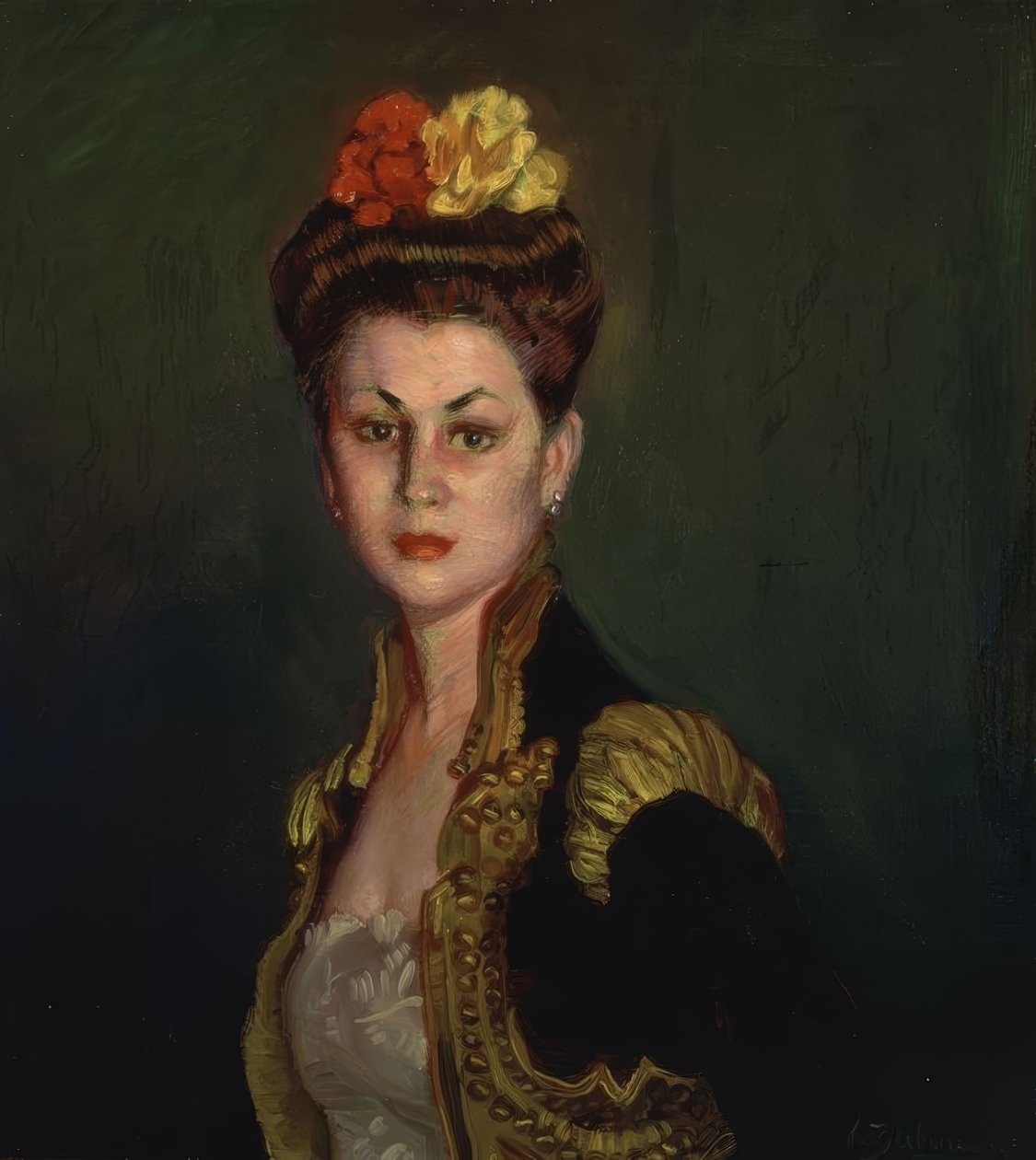 (PORTRET KOBIETY Z KOKARDĄ I KURTKĄ BYKÓW) autorstwa Ignacio Zuloaga y Zabaleta