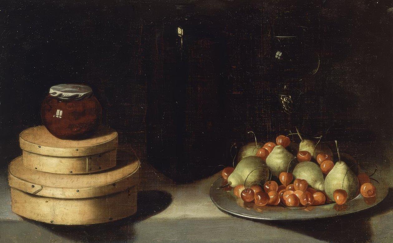 MARTWA ŻYCIE (TACA Z WIŚNIAMI I GRUSZKAMI, PUDEŁKA I BUTELKA MIODU) - XX WIEK autorstwa Ignacio Zuloaga y Zabaleta