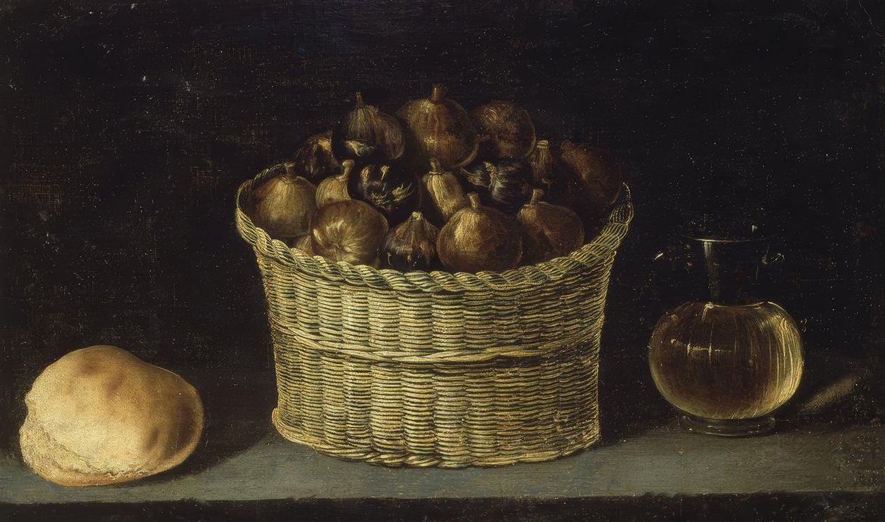 BODEGON (WIKLINOWY KOSZ Z FIGURAMI, CHLEBEM I JARRITĄ Z MIODEM) - XX WIEKU autorstwa Ignacio Zuloaga y Zabaleta