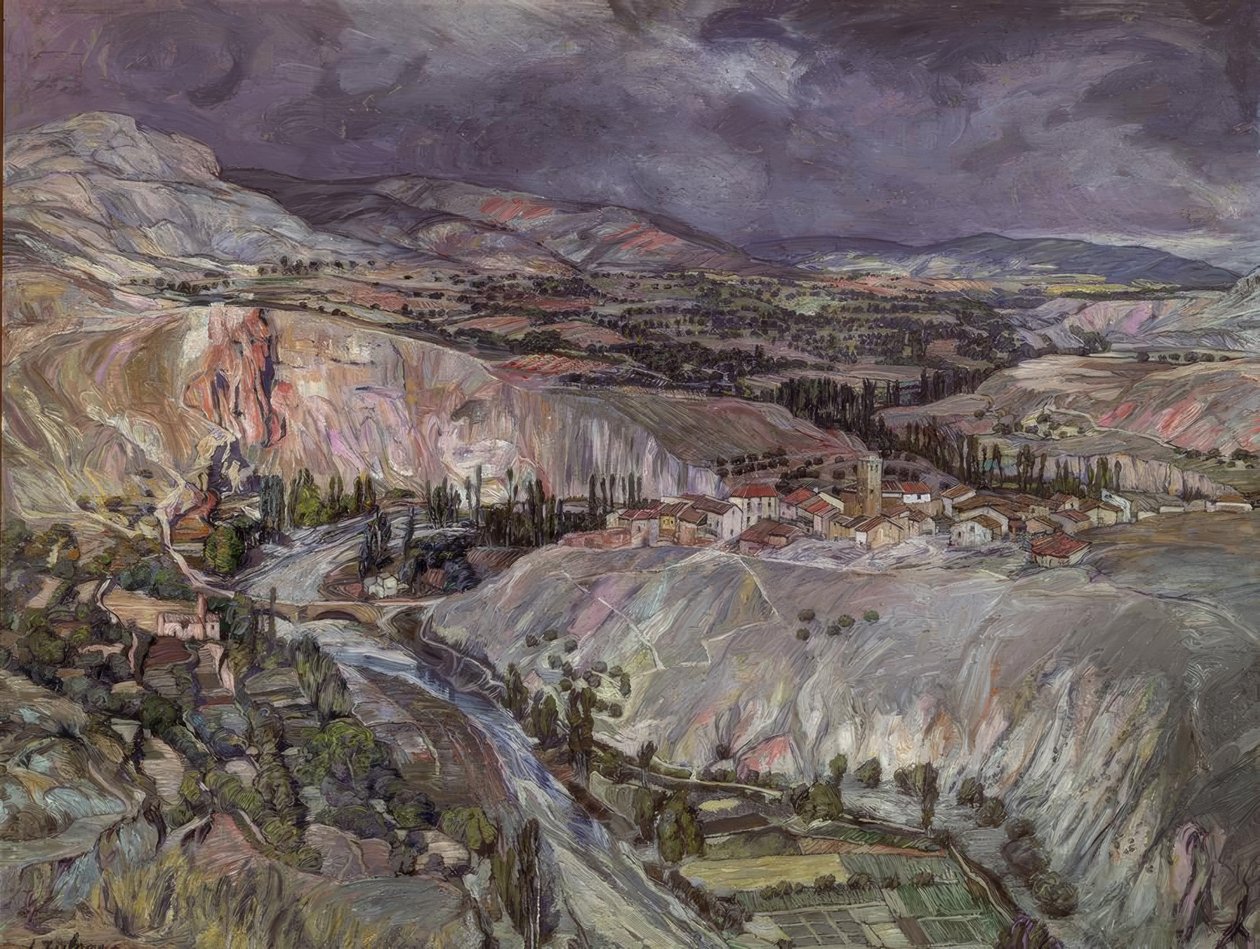 Wieś w Nawarrze – XX wiek – 75,5 × 09 cm – olej na kartonie autorstwa Ignacio Zuloaga y Zabaleta