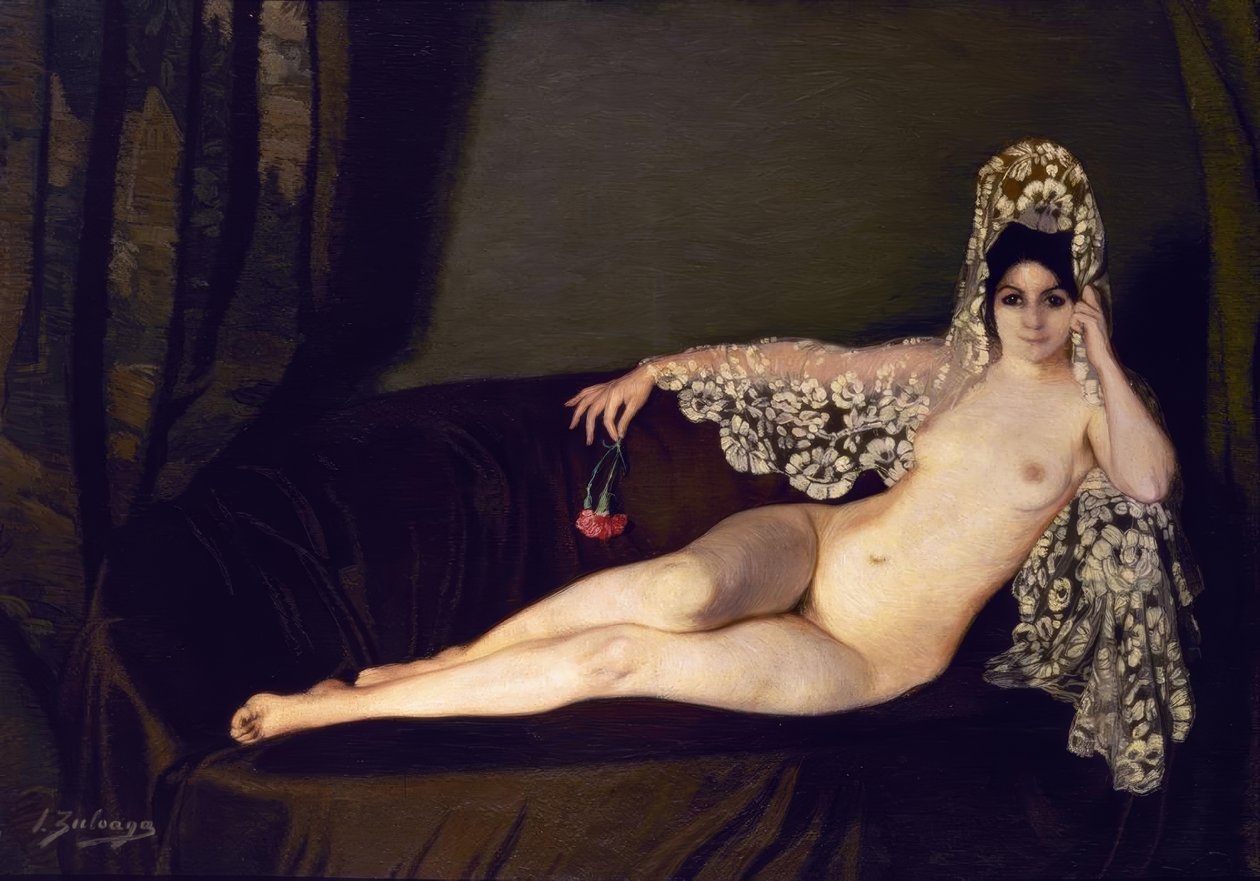 Akt z goździkiem", 1915, olej na płótnie, 131 × 184 cm, AS00820 autorstwa Ignacio Zuloaga y Zabaleta