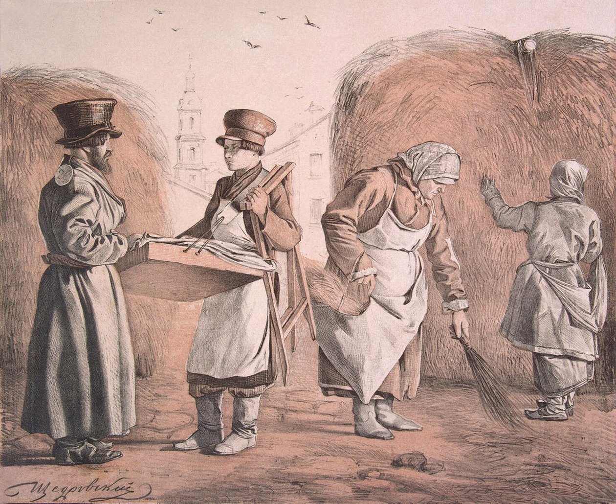 Uliczny handlarz ciast i woźnica z serii To są nasi ludzie, 1842 autorstwa Ignati Stepanovich Shchedrovsky