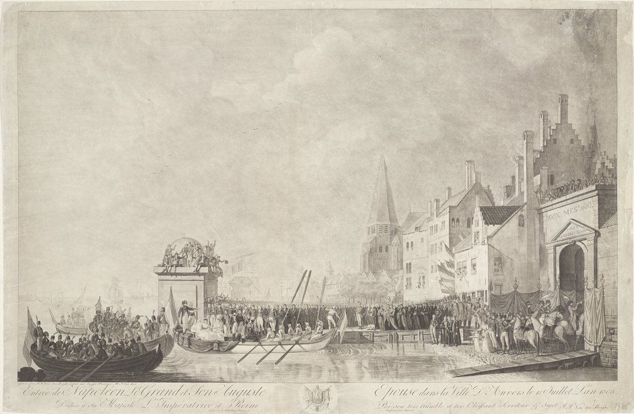Aankomst van Napoleon w Josephine te Antwerpen, 1803 Wjazd Napoleona Wielkiego i jego augustowskiej małżonki do miasta Antwerpia w dniu 18 lipca 1803 r. (tytuł na obiekcie) autorstwa Ignatius Joseph van den Berghe