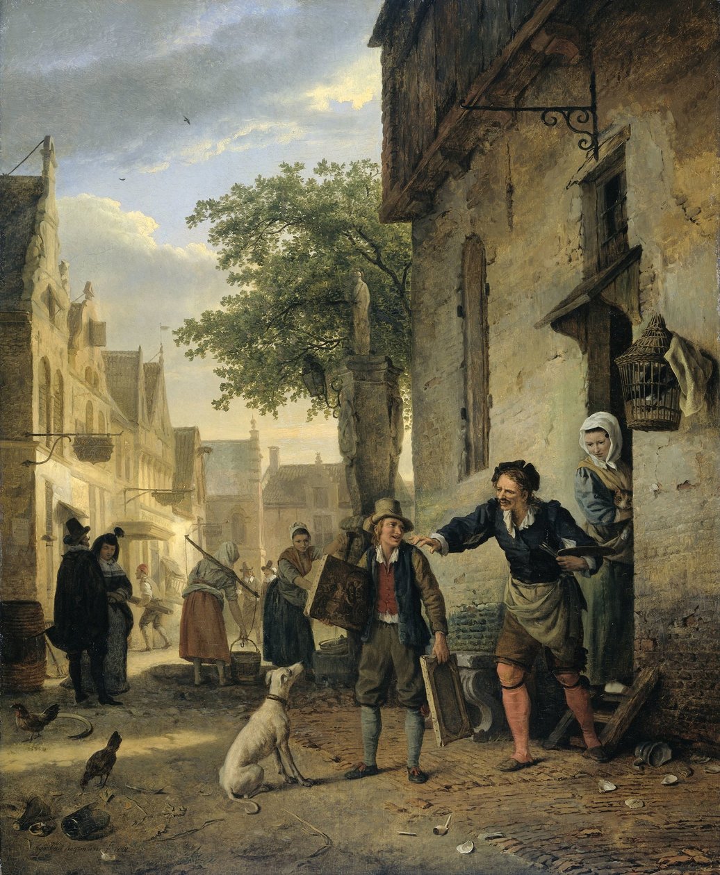 Jan Steen wysyła syna na ulice, aby wymienić obrazy na piwo i wino autorstwa Ignatius Josephus van Regemorter