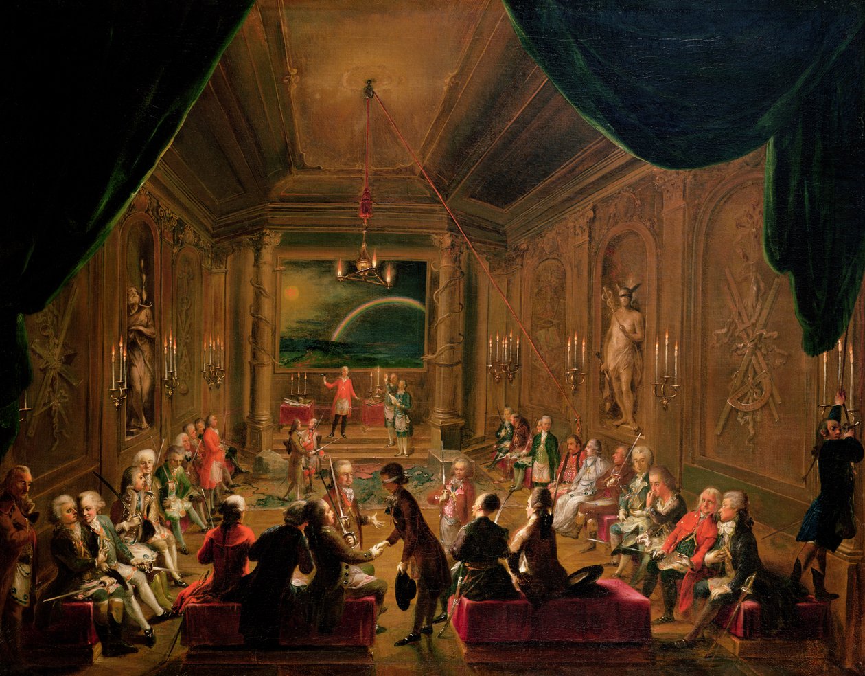 Ceremonia inicjacji w wiedeńskiej loży masońskiej za panowania Józefa II z Mozartem siedzącym po lewej stronie, 1784 autorstwa Ignaz Unterberger