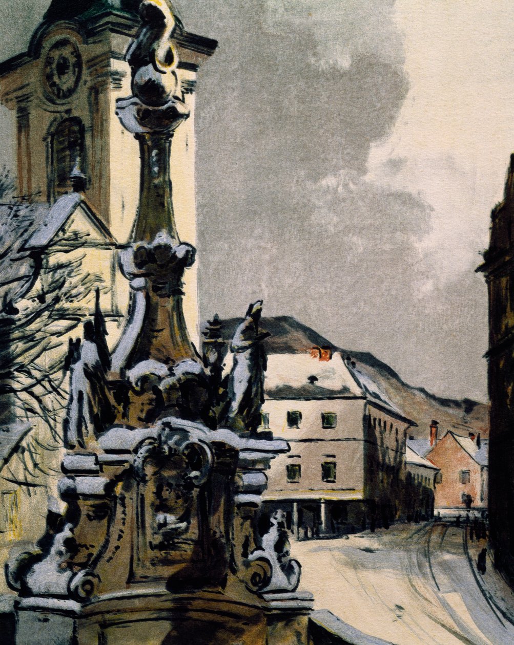 Widok na Hainburg an der Donau, Austria, miasto, w którym Franz Joseph Haydn (1732-1809) studiował muzykę w latach 1738-1740, Rycina Igo Potscha (1884-1943) z okazji stulecia śmierci muzyka autorstwa Igo Potsch