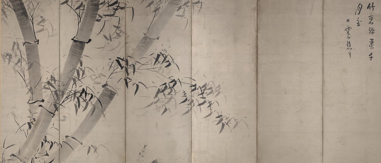Moonlight Bamboo, Składany parawan z sześcioma panelami, ok. 1758–60 (tusz na papierze) autorstwa Ike no Taiga