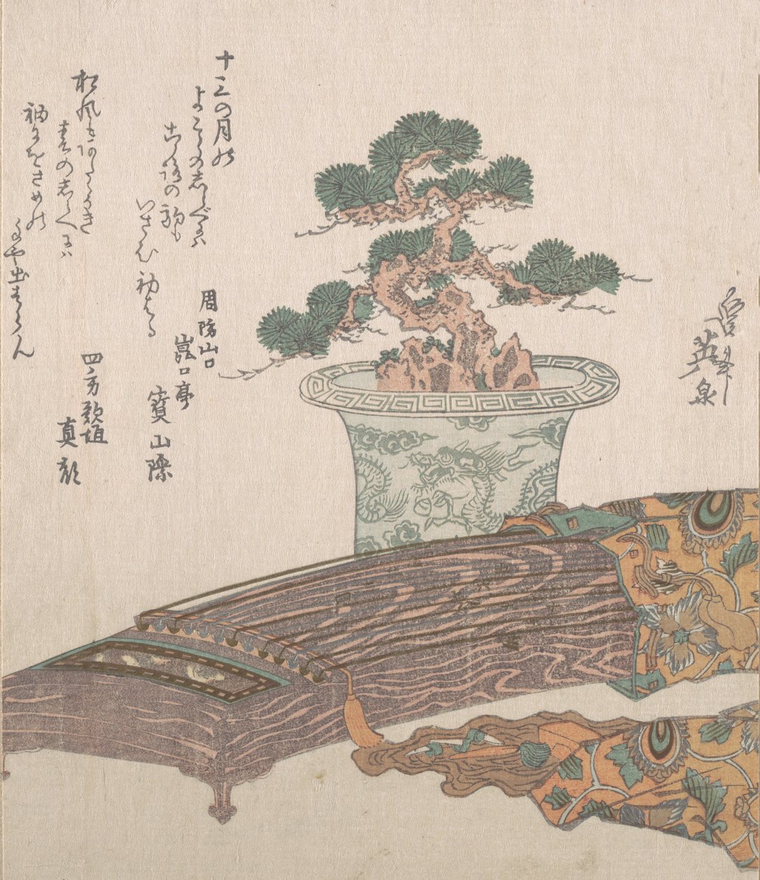 Sosna doniczkowa i harfa japońska Koto, XIX wiek. autorstwa Ikeda Eisen