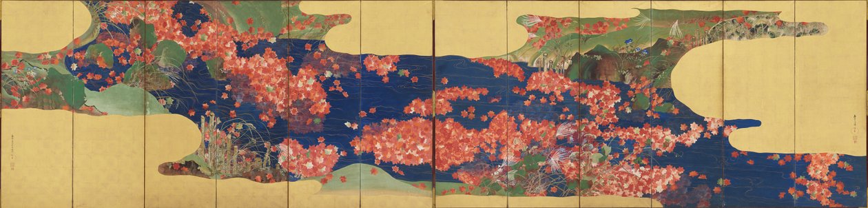 Liście klonu na strumieniu, sześciopanelowy ekran, okres Edo, 1856-58 (tusz i kolor na złoconym papierze) autorstwa Ikeda Koson