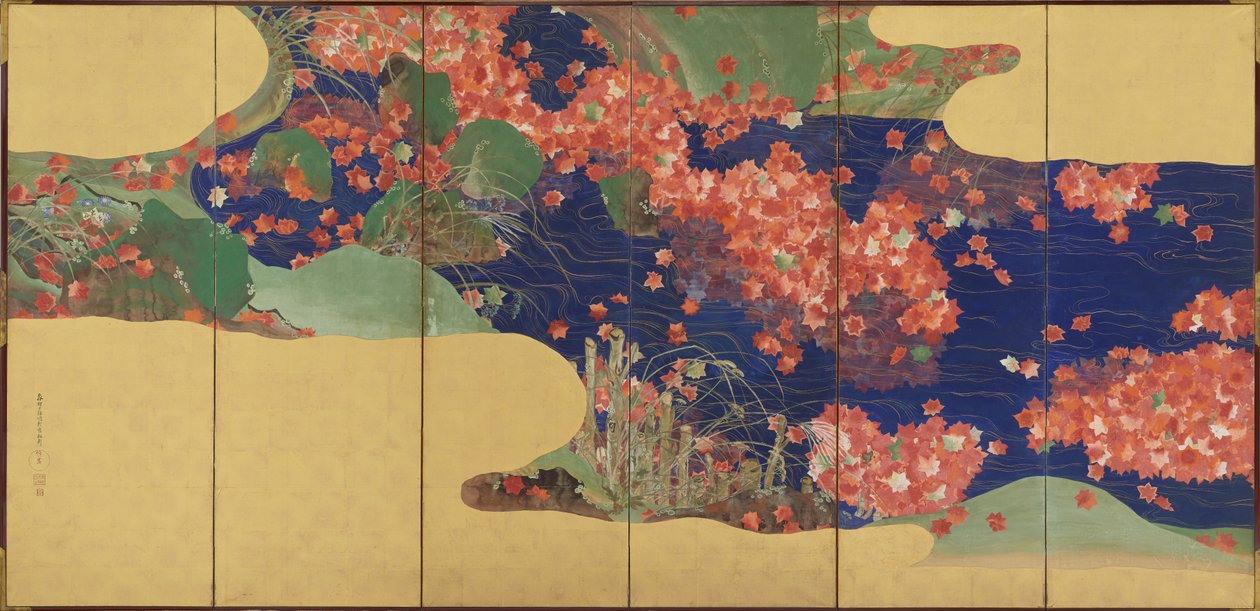 Liście klonu na strumieniu, sześciopanelowy ekran, okres Edo, 1856-58 autorstwa Ikeda Koson
